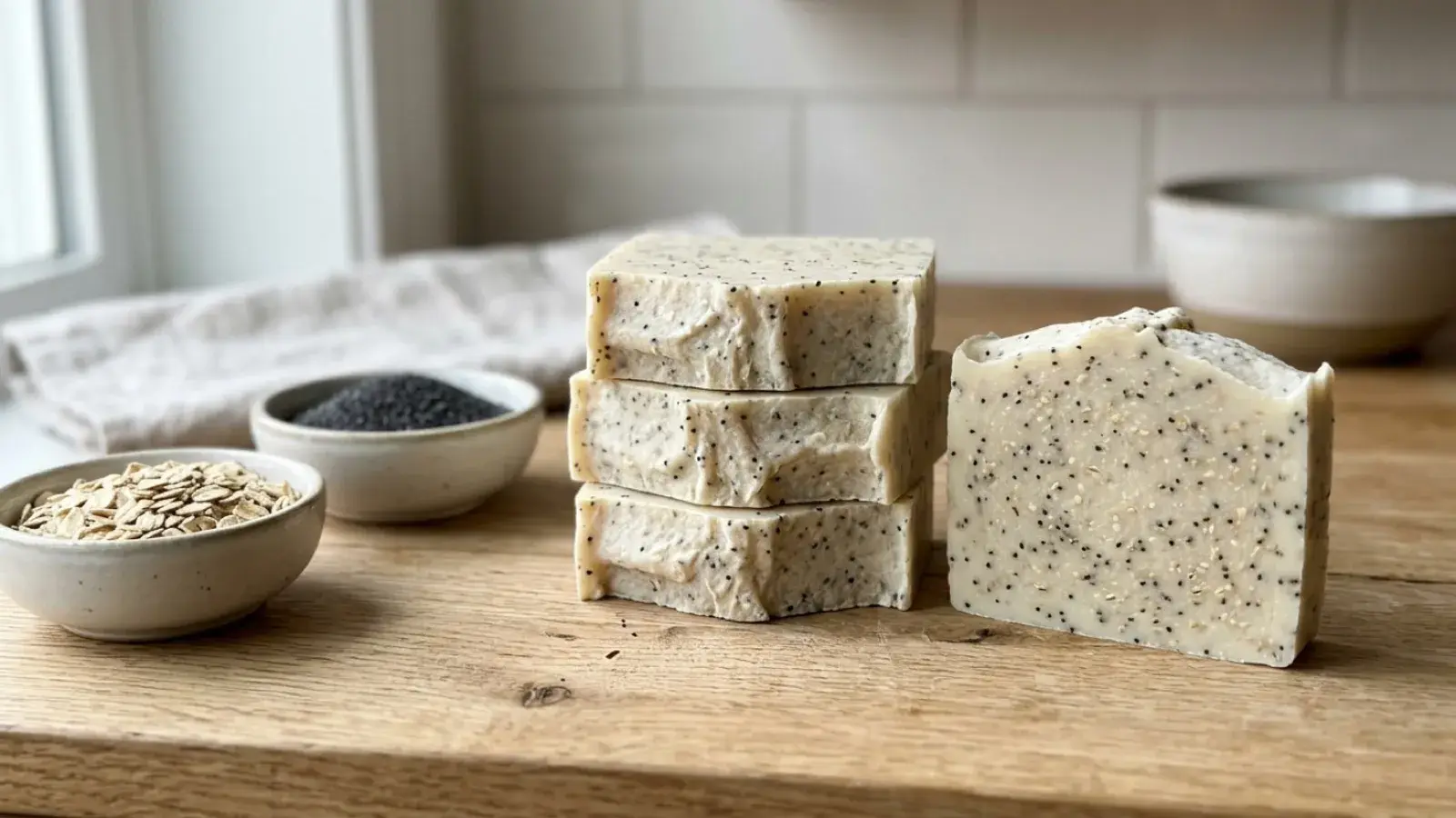 Bars of handmade oat and poppy seed soap displayed beside small bowls of oats and seeds.
