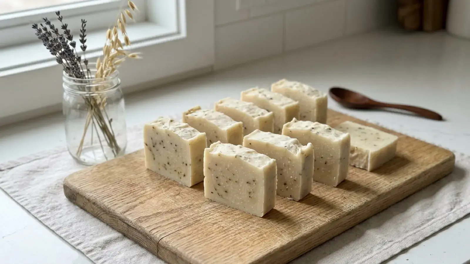 Handmade herbal soap bars arranged on a wooden cutting board next to dried lavender and oats.