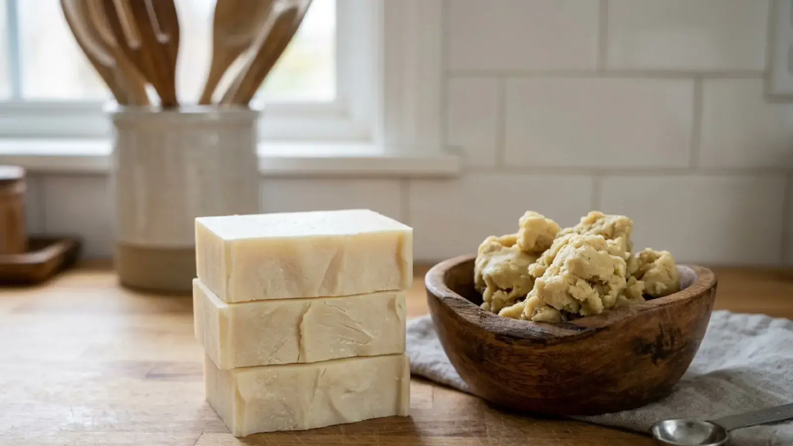 Three stacked handmade soap bars sit next to a wooden bowl filled with raw shea butter.