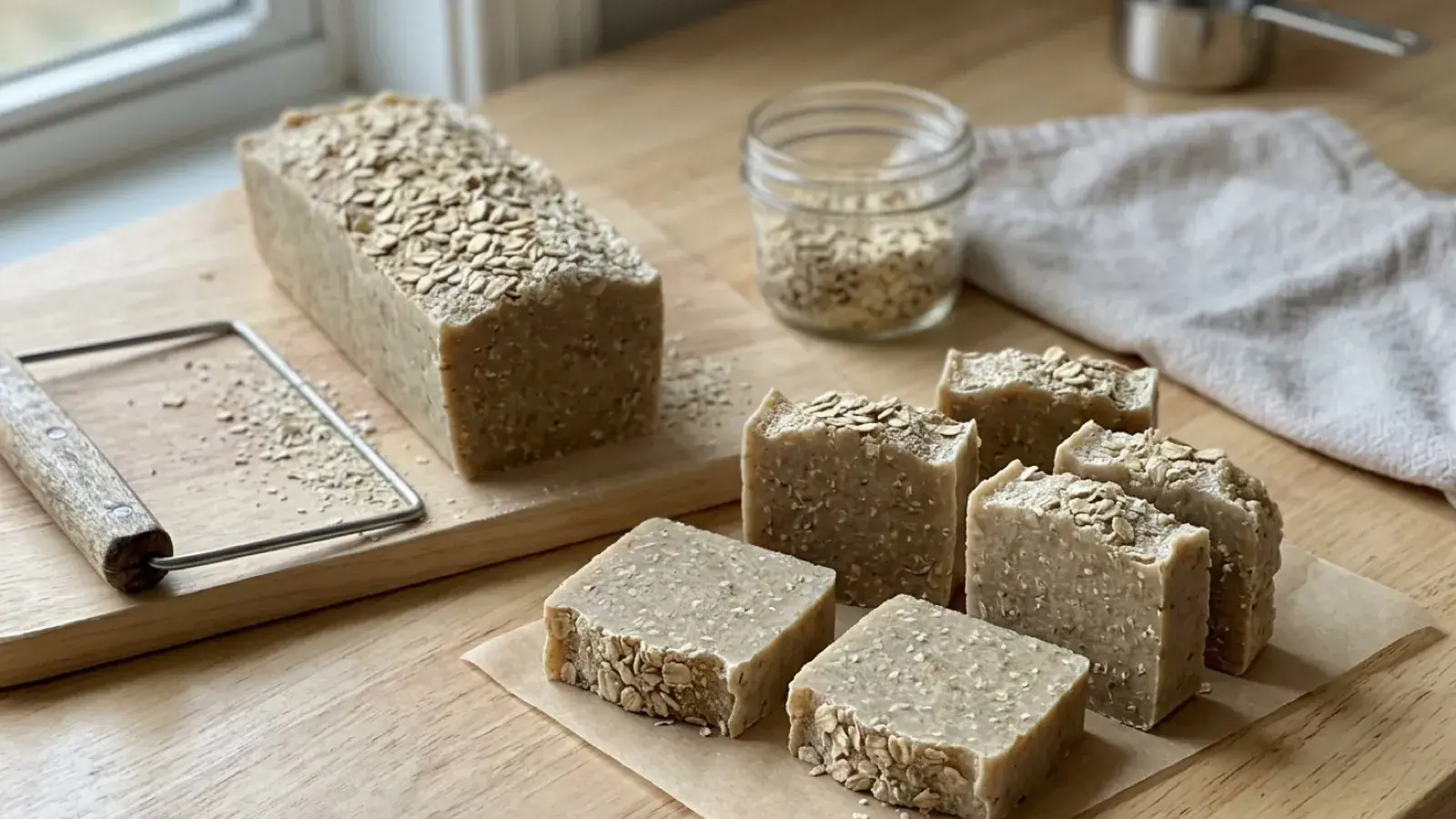 Bars and a loaf of handmade oatmeal soap sit on a wooden surface beside a wire cutter.