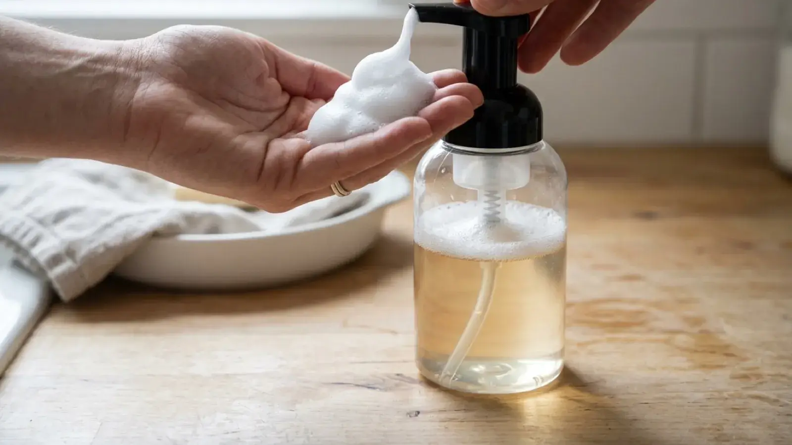 A person pumps white foaming soap from a clear dispenser bottle into an open hand.