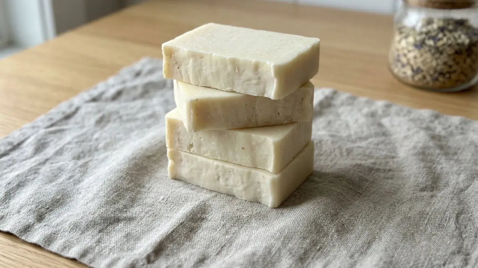 Four off-white handmade soap bars stacked on a textured linen cloth on a wooden surface.