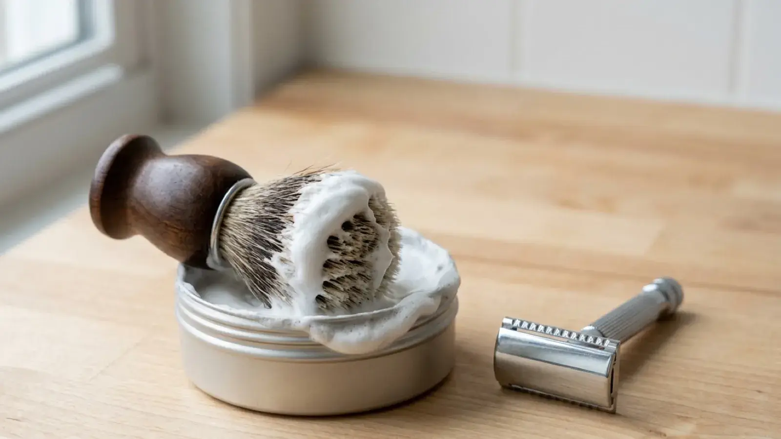 A lathered shaving brush rests on an open metal soap tin beside a chrome safety razor.
