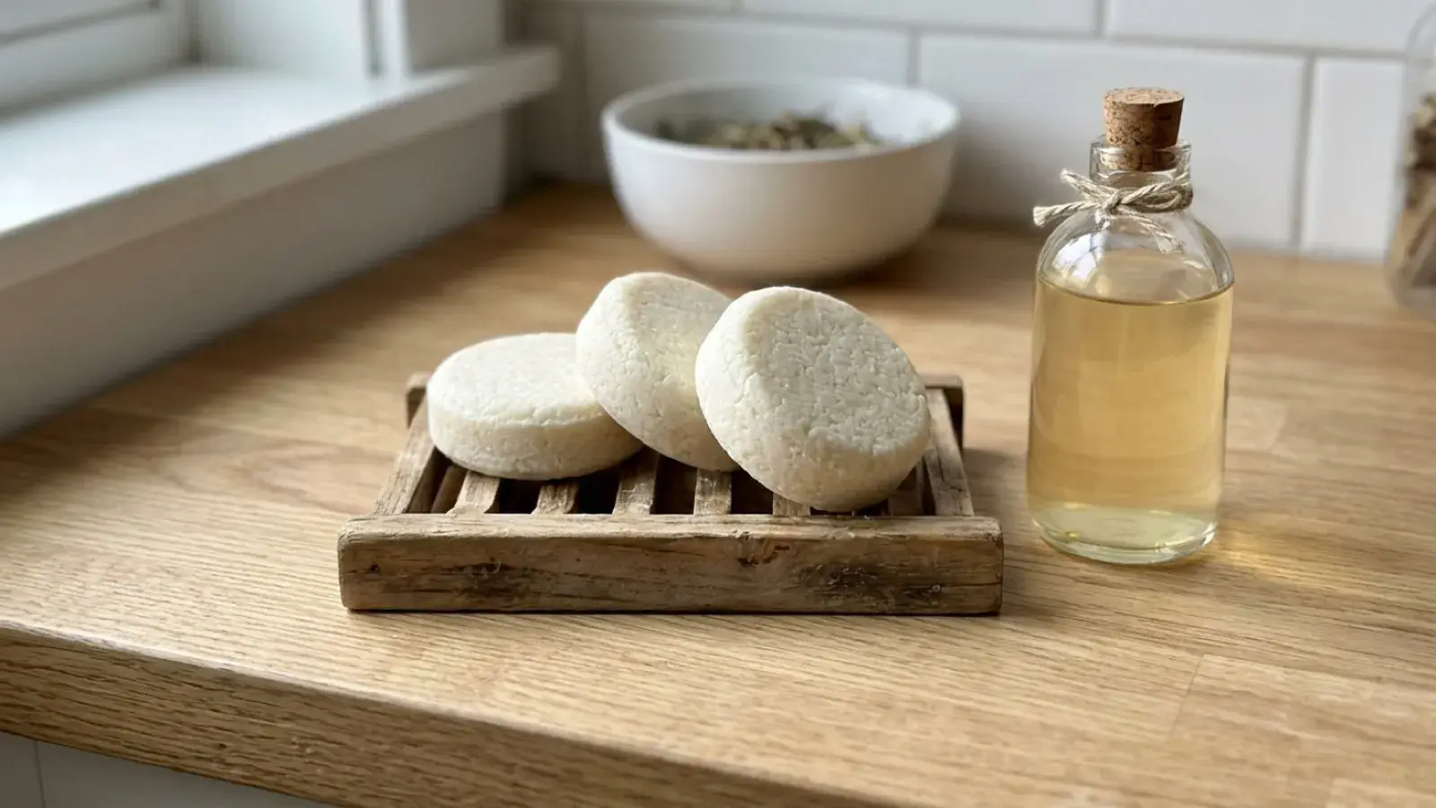 Three round white soap bars rest on a wooden soap dish next to a bottle of oil.