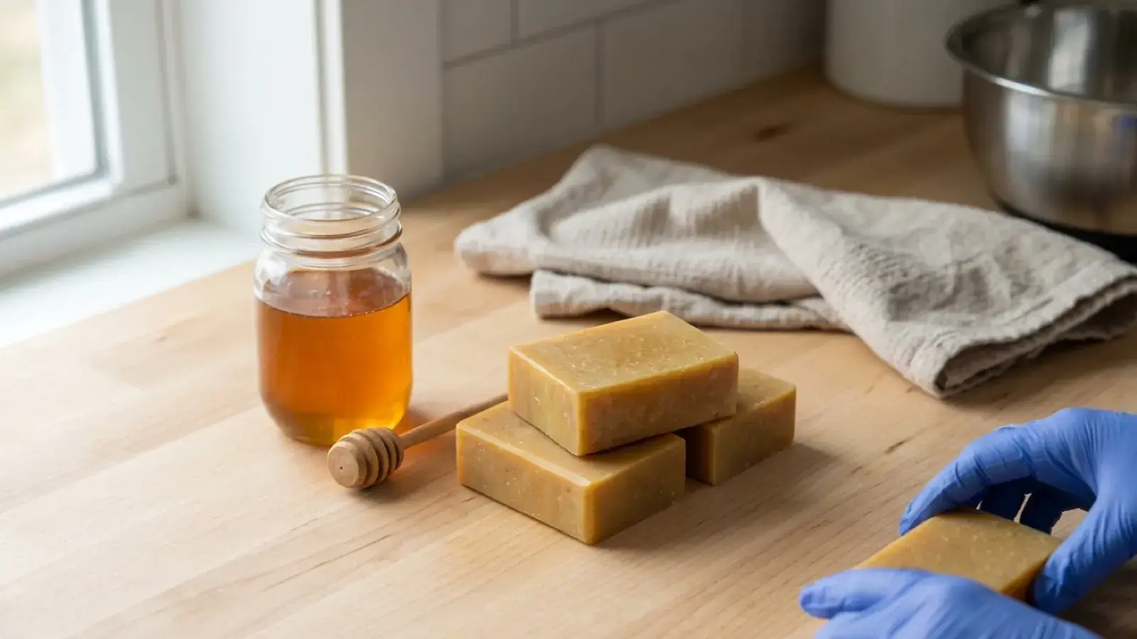 Gloved hands arrange handmade soap bars on a wooden counter beside a jar of honey.