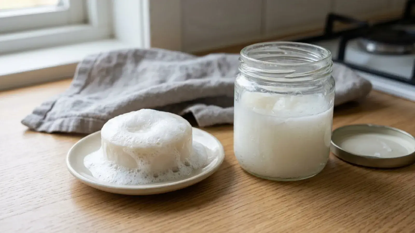 A sudsy white soap bar rests on a dish beside an open glass jar on a countertop.