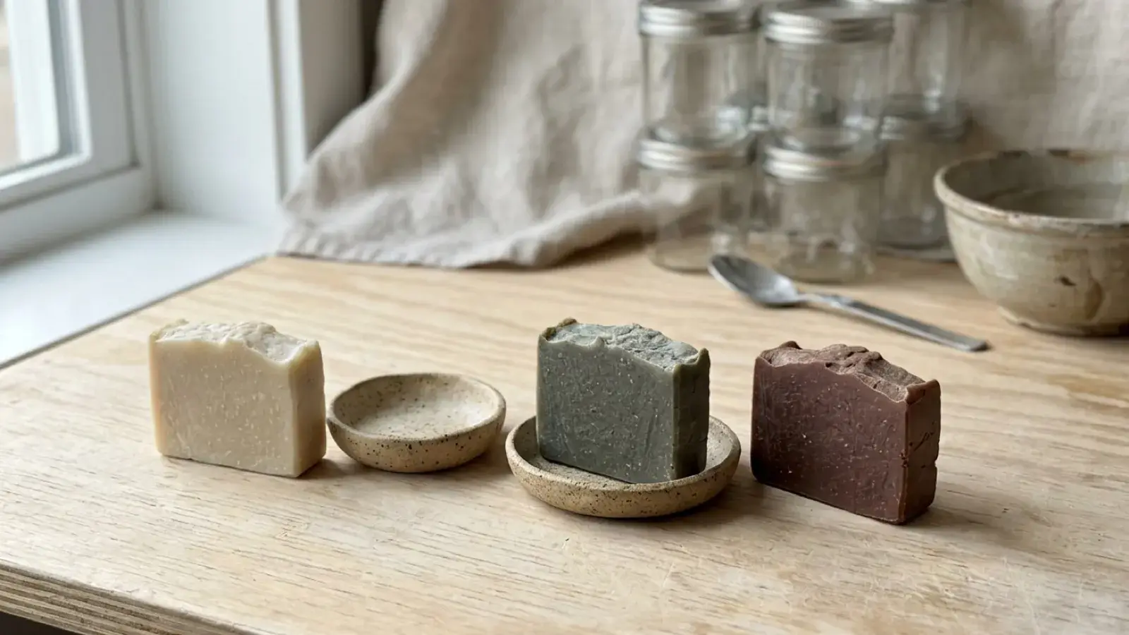 Three handmade soap bars and two speckled ceramic dishes arranged on a wooden table.