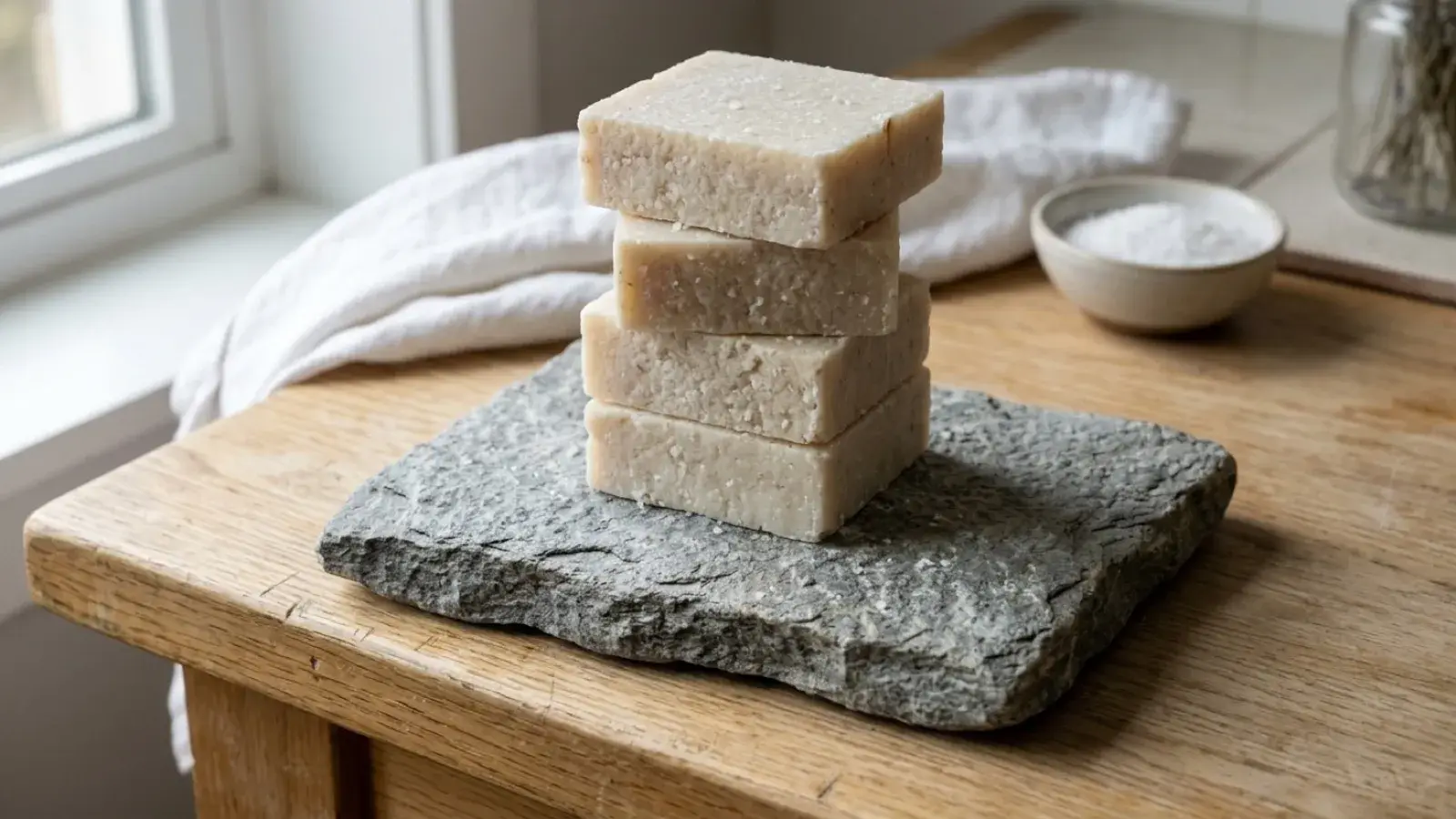 Four handmade sea salt soap bars stacked on a rough stone slab atop a wooden table.