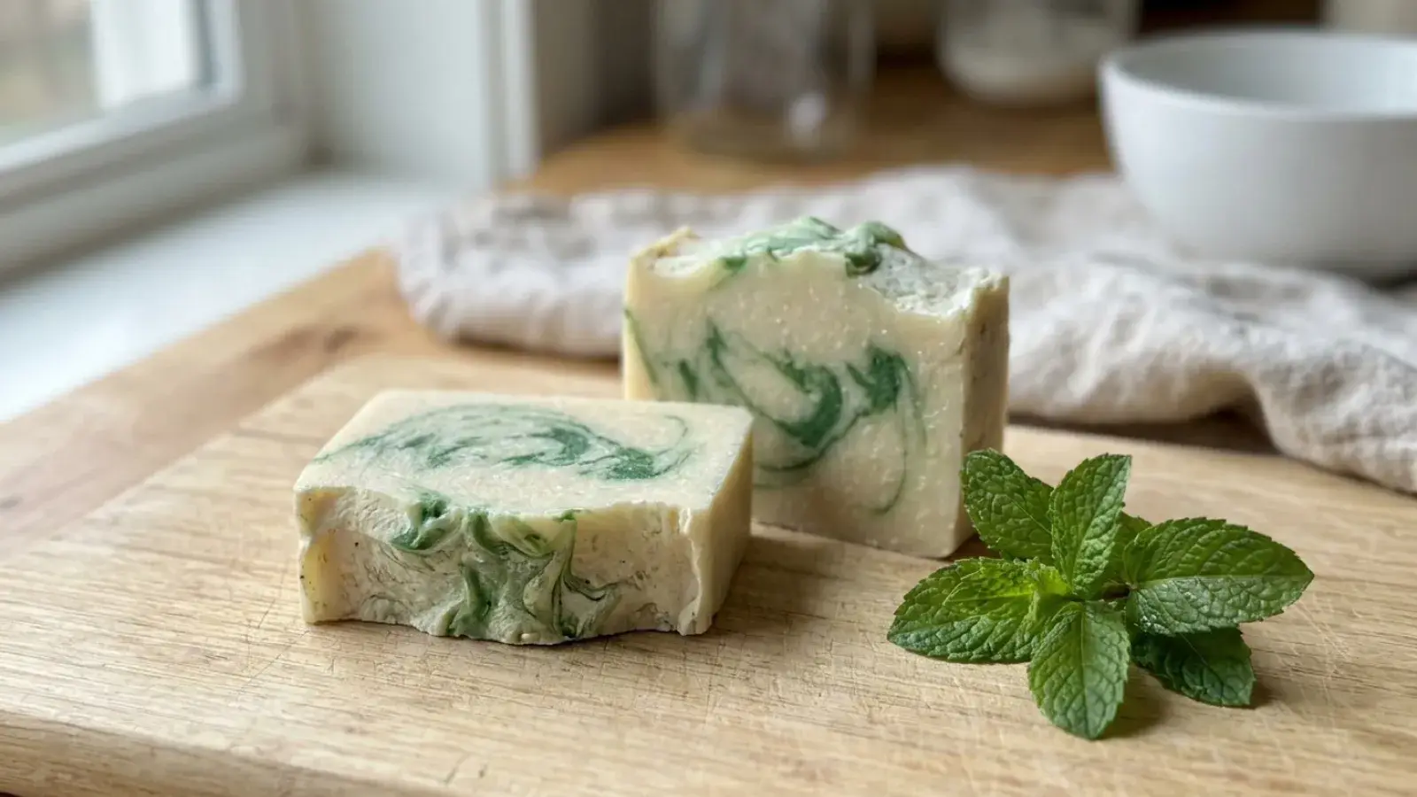 Two bars of green and white swirled soap sit on a wooden board beside fresh mint.