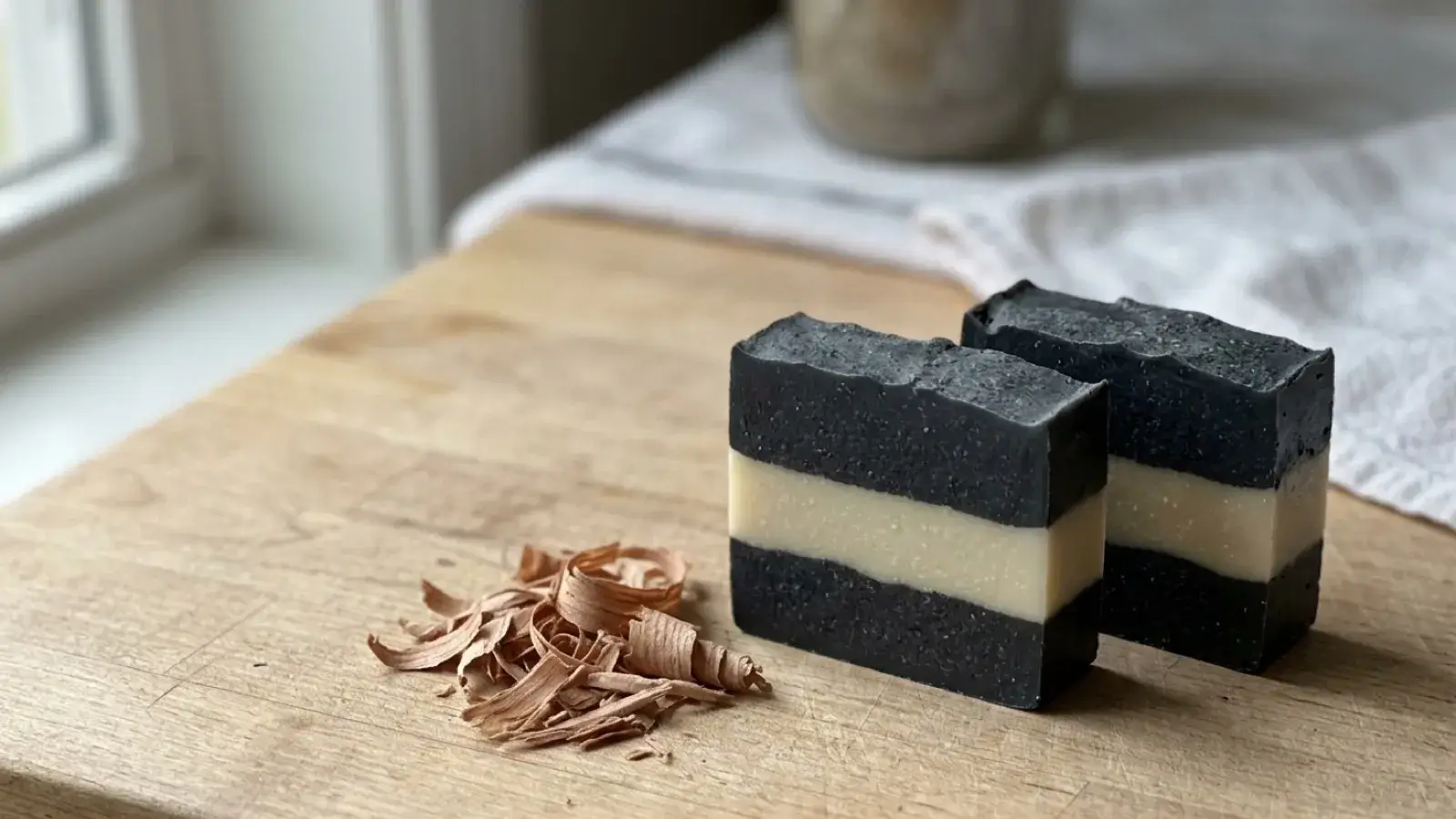 Two striped black and cream soap bars sit on a wooden board next to wood shavings.