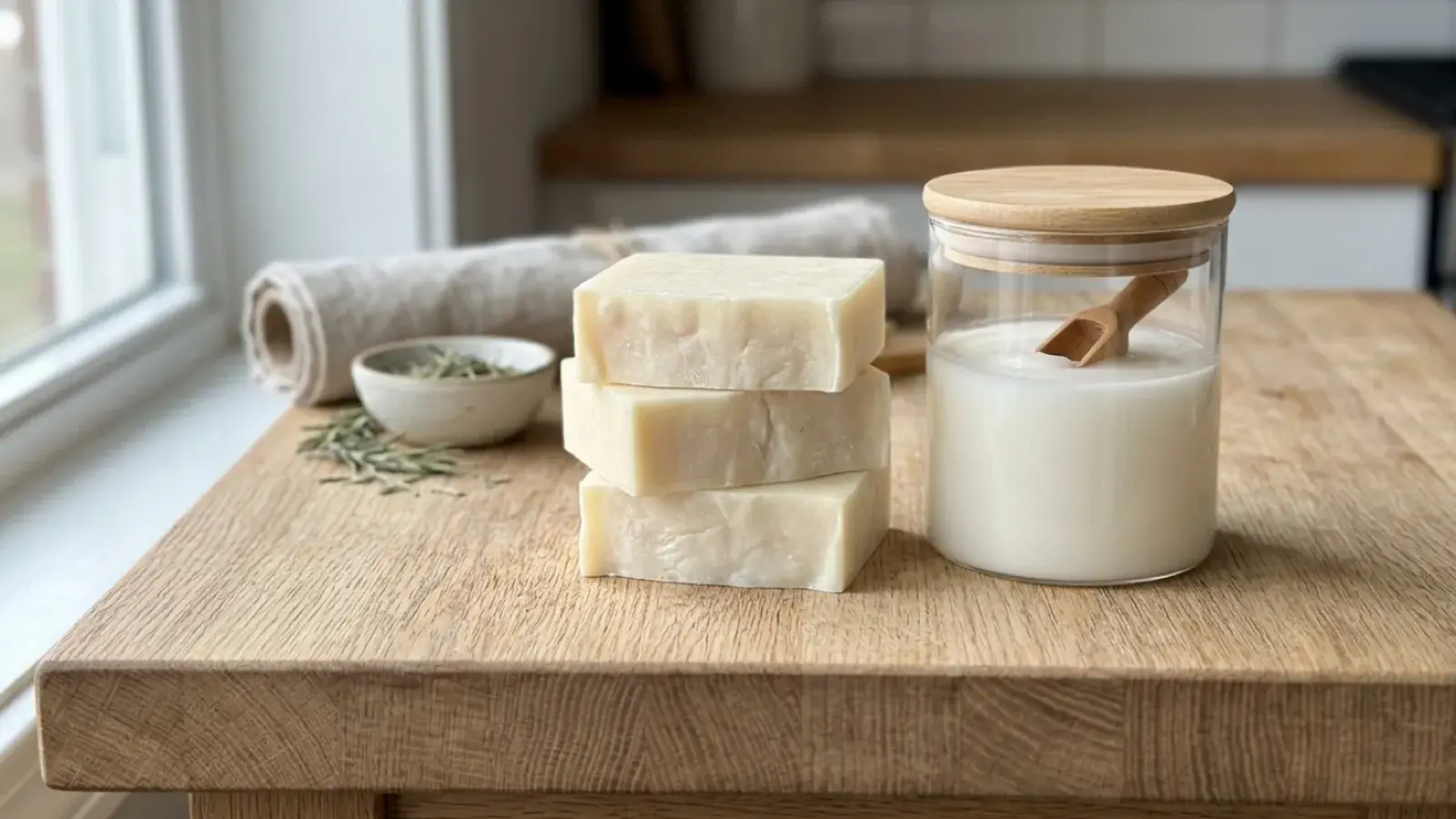 Three stacked bars of handmade soap beside a glass jar of coconut oil on a wooden counter.