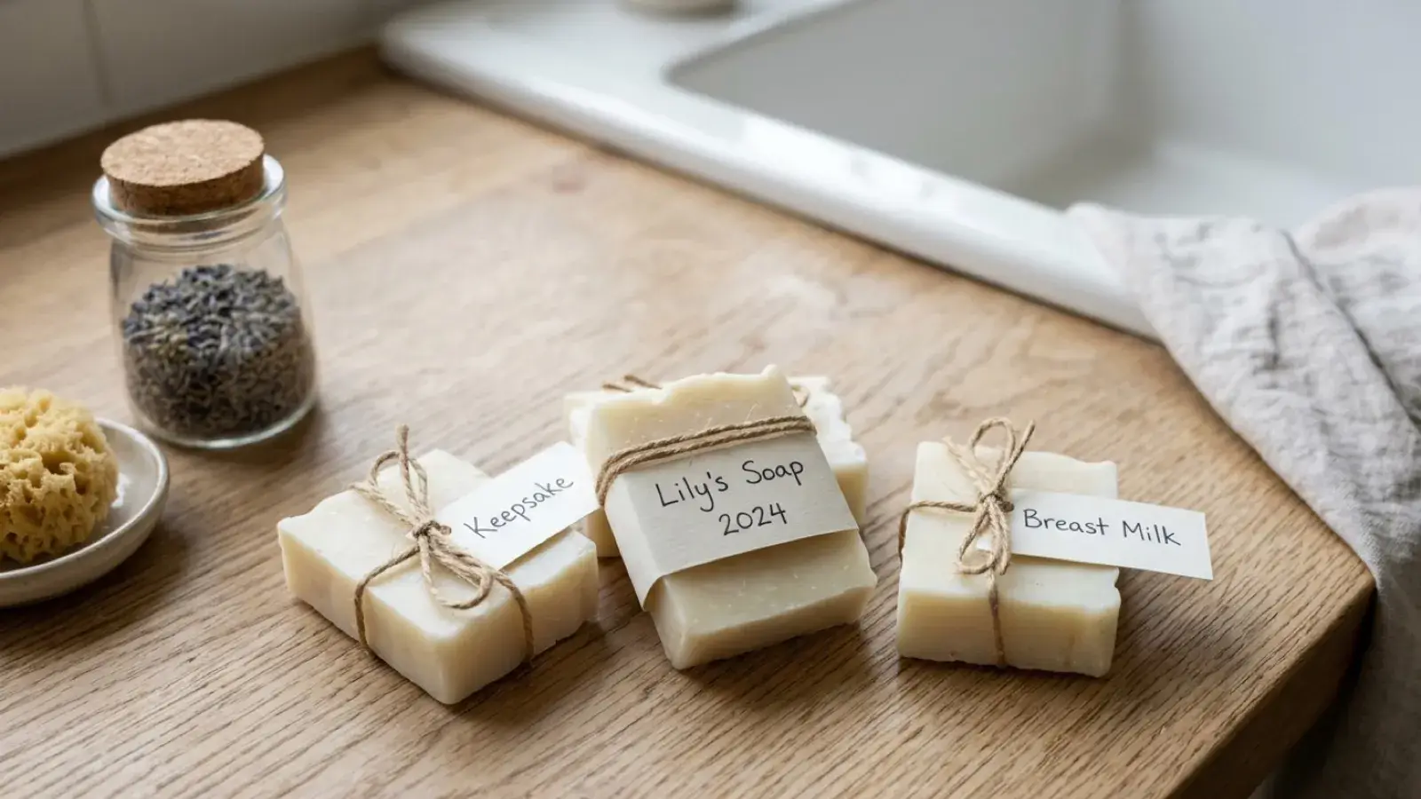 Bars of handmade breast milk soap tied with twine and labels on a wooden countertop.