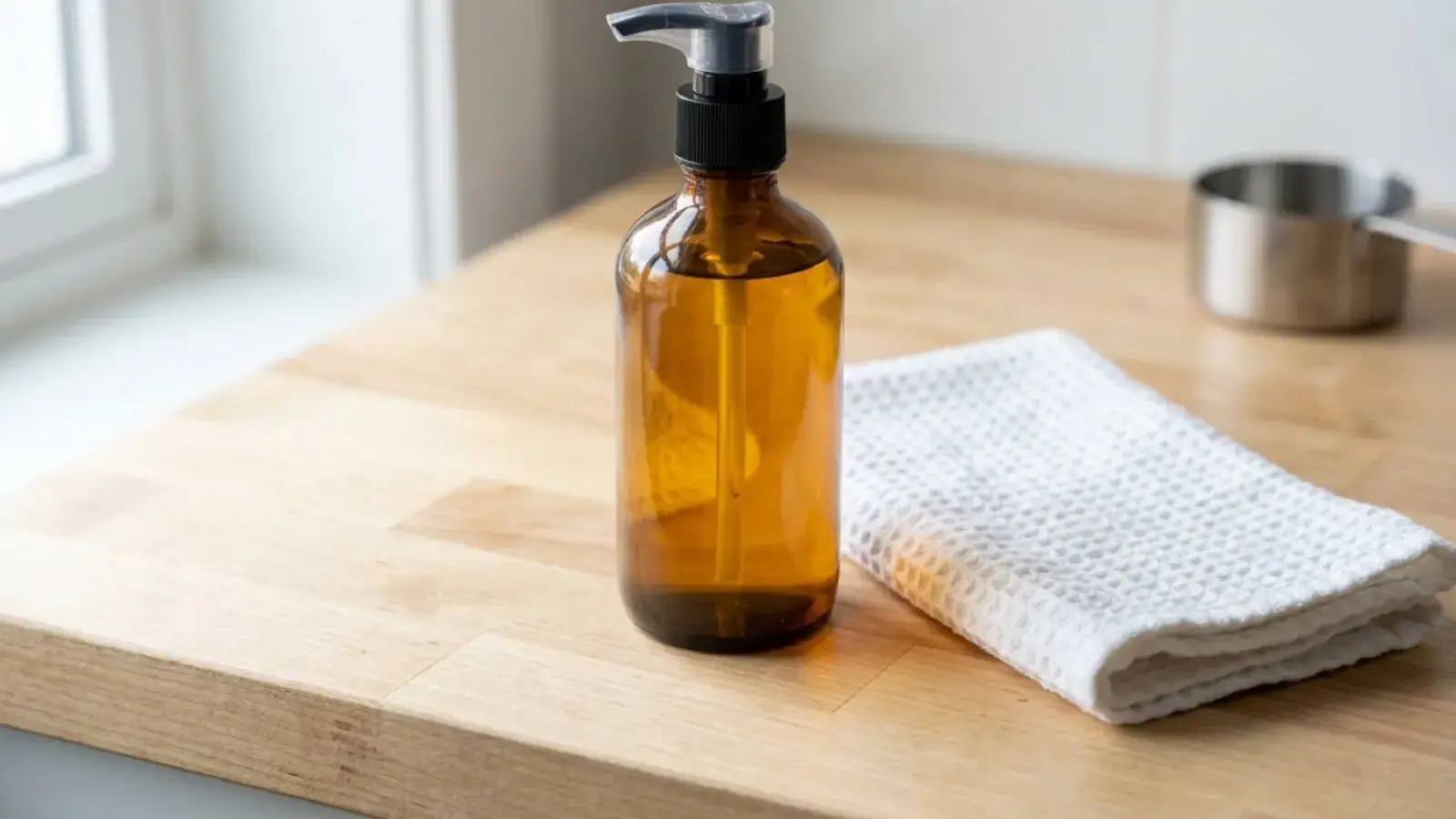 An amber glass bottle with liquid soap sits beside a folded white towel on a wooden counter.