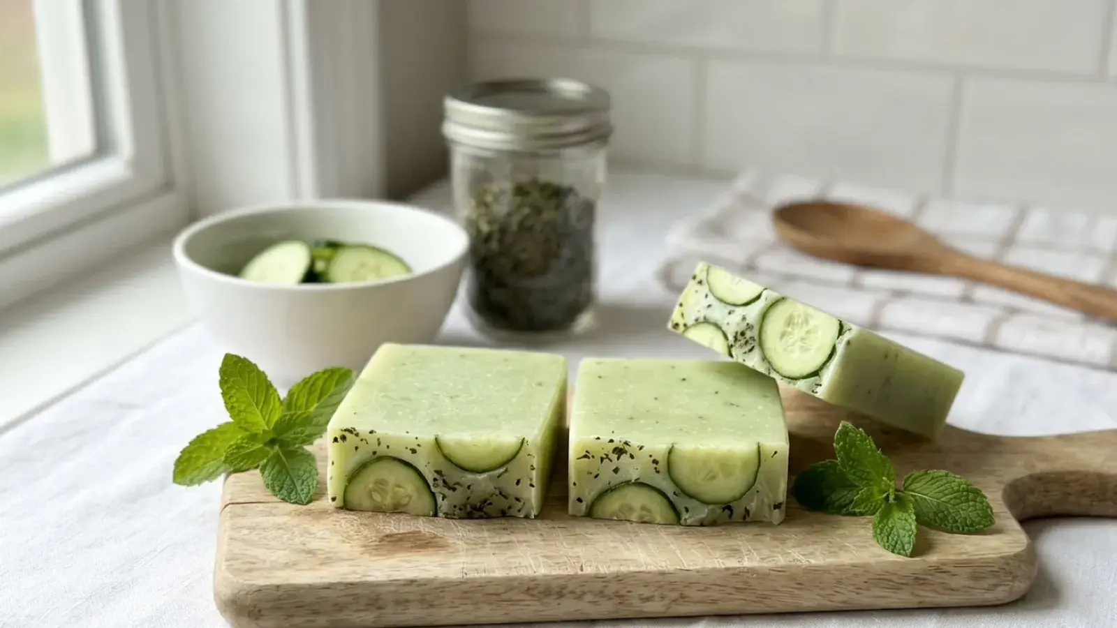 Green handmade soap bars embedded with cucumber slices sit on a wooden board with fresh mint.
