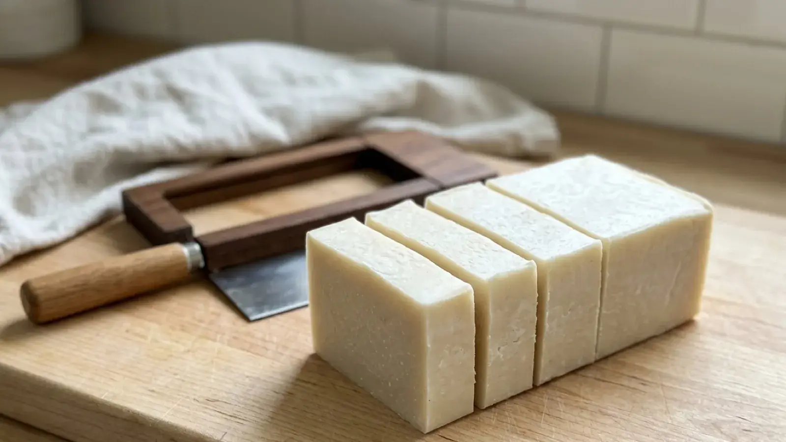 Sliced bars of handmade soap rest on a wooden cutting board next to a soap cutter.