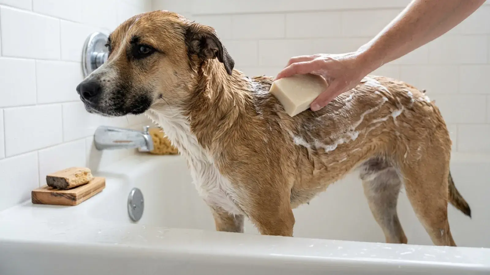 A person lathers a wet dog's fur with a bar of soap in a bathtub.