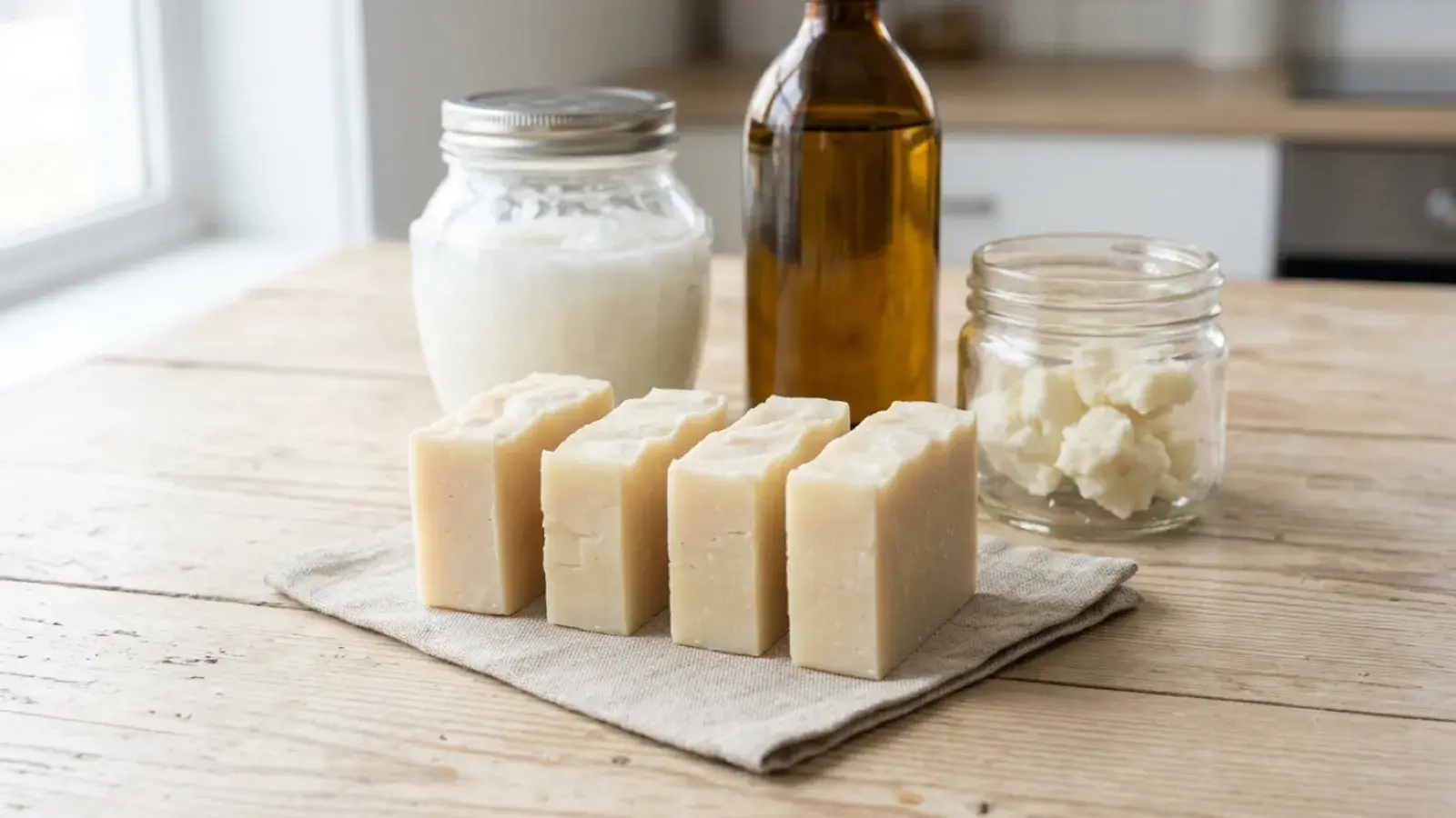 Four bars of handmade soap sit on a cloth beside glass containers of oils and butters.