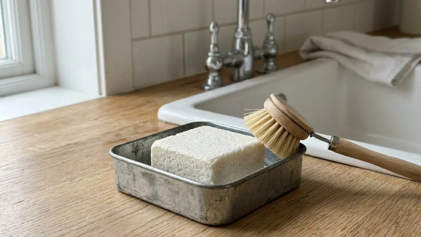 A white soap block sits in a metal dish beside a wooden brush near a kitchen sink.