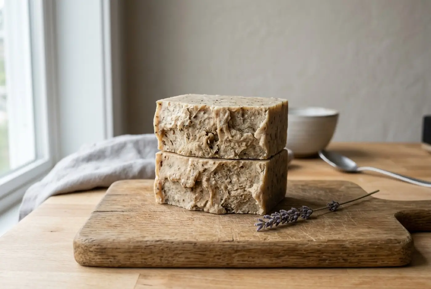 Two textured bars of handmade soap are stacked on a wooden board beside dried lavender.