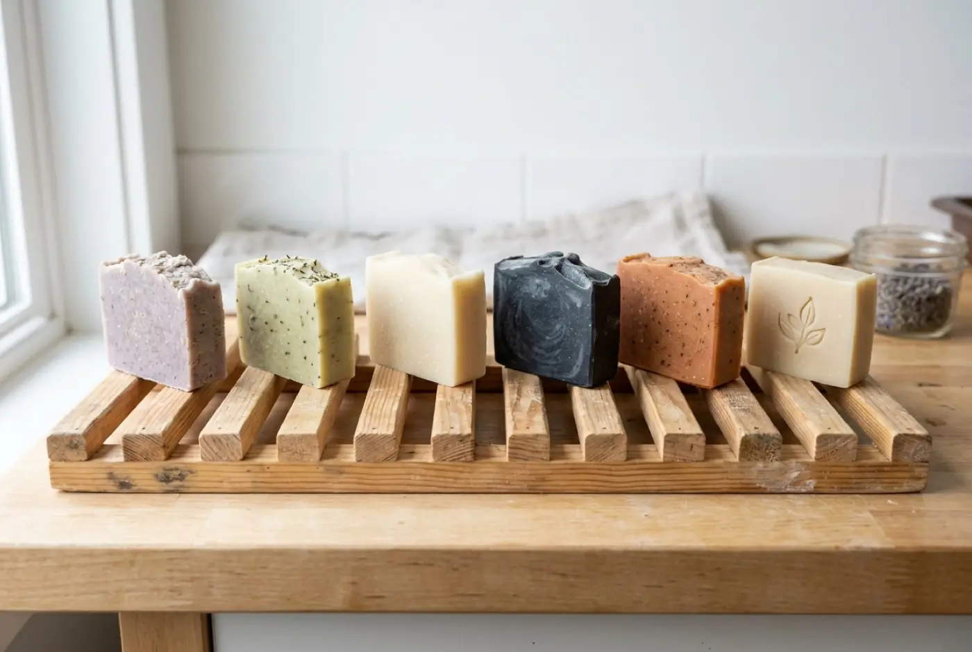 Six assorted handmade soap bars resting in a row on a wooden slatted drying rack.