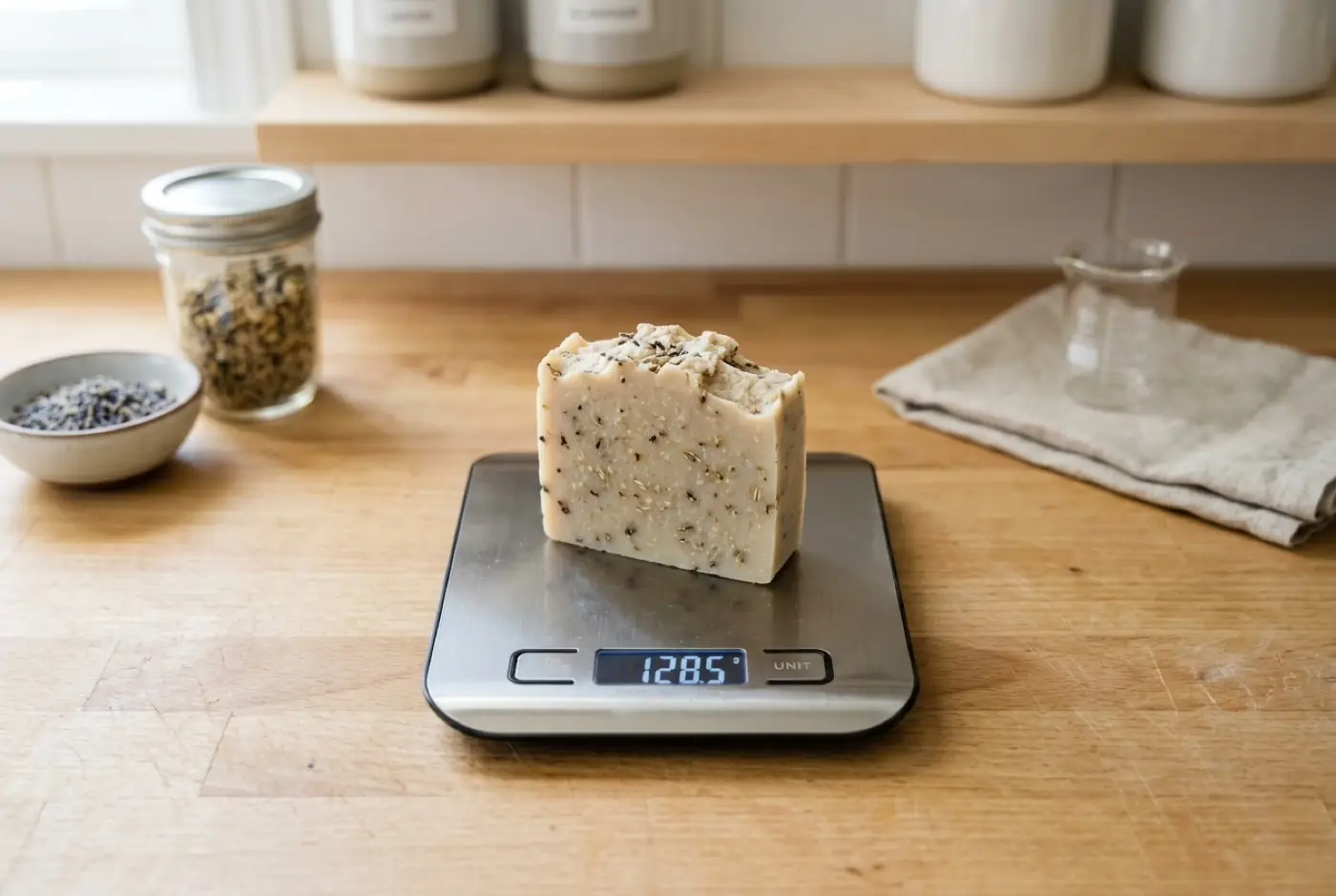 A bar of handmade botanical soap sits on a digital scale on a wooden countertop.