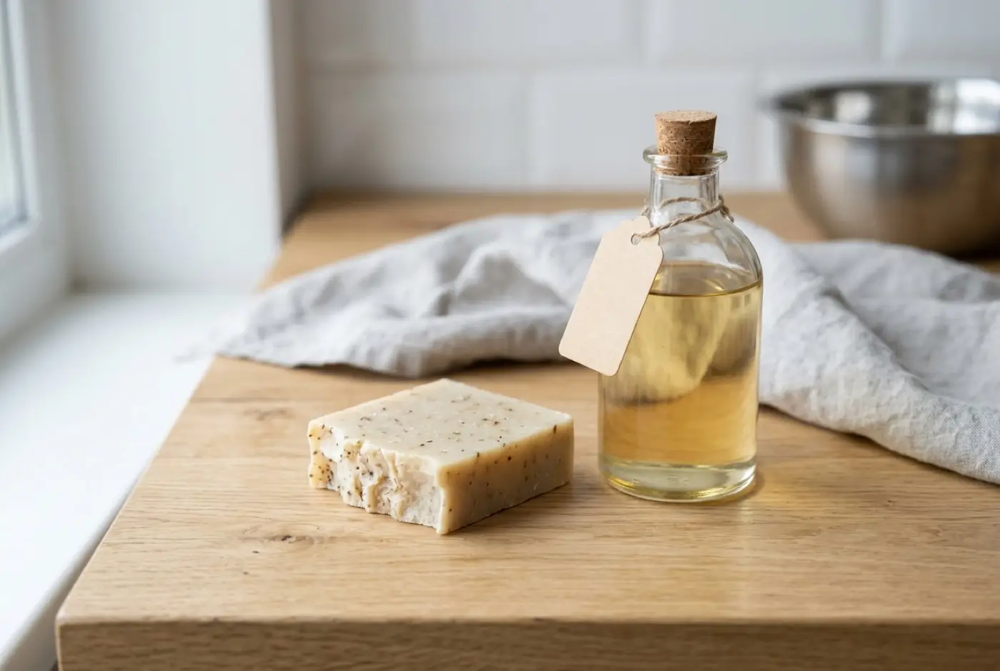A bar of natural soap beside a corked glass bottle of golden oil on a wooden counter.