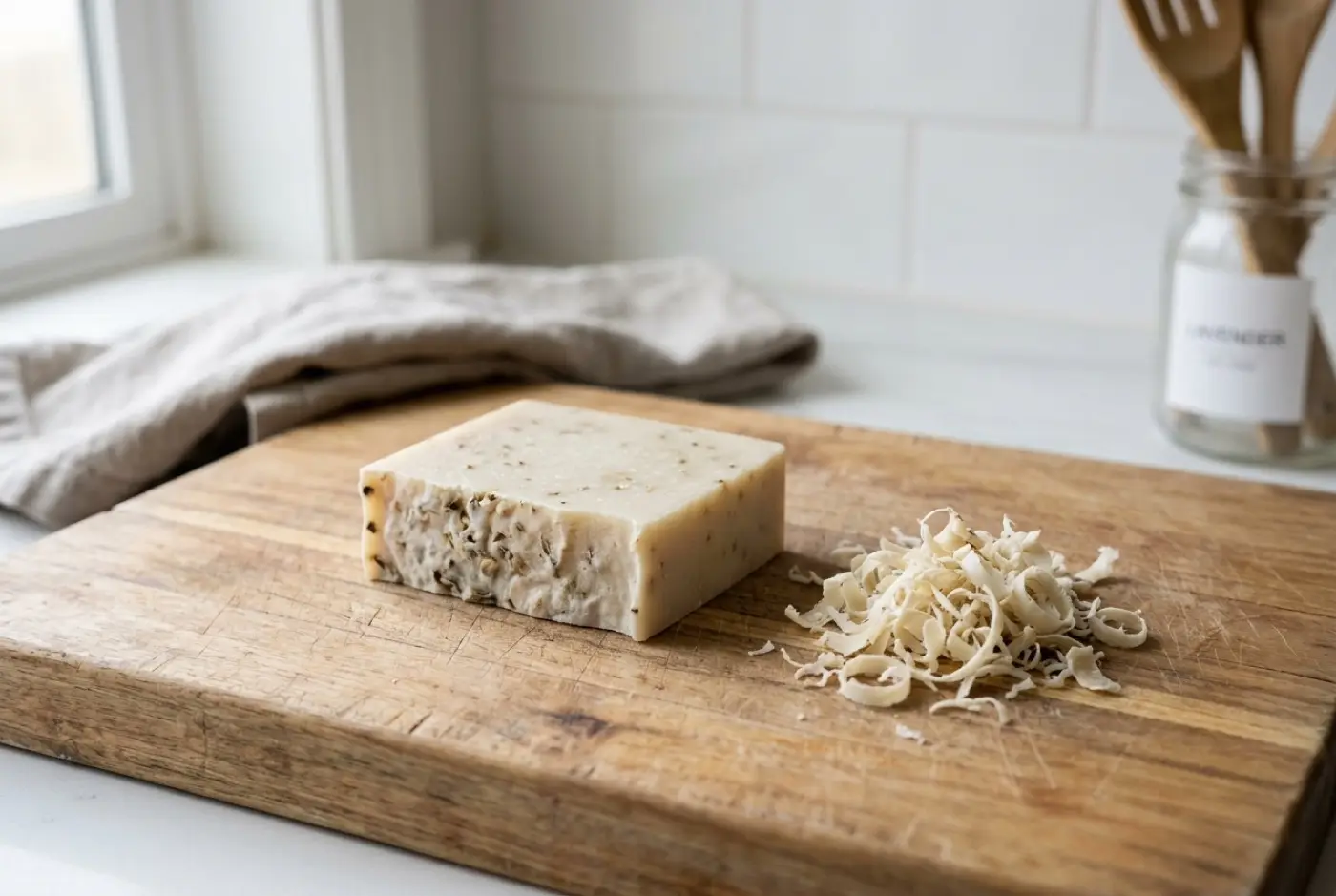 A rectangular bar of handmade soap sits beside curled soap shavings on a wooden cutting board.