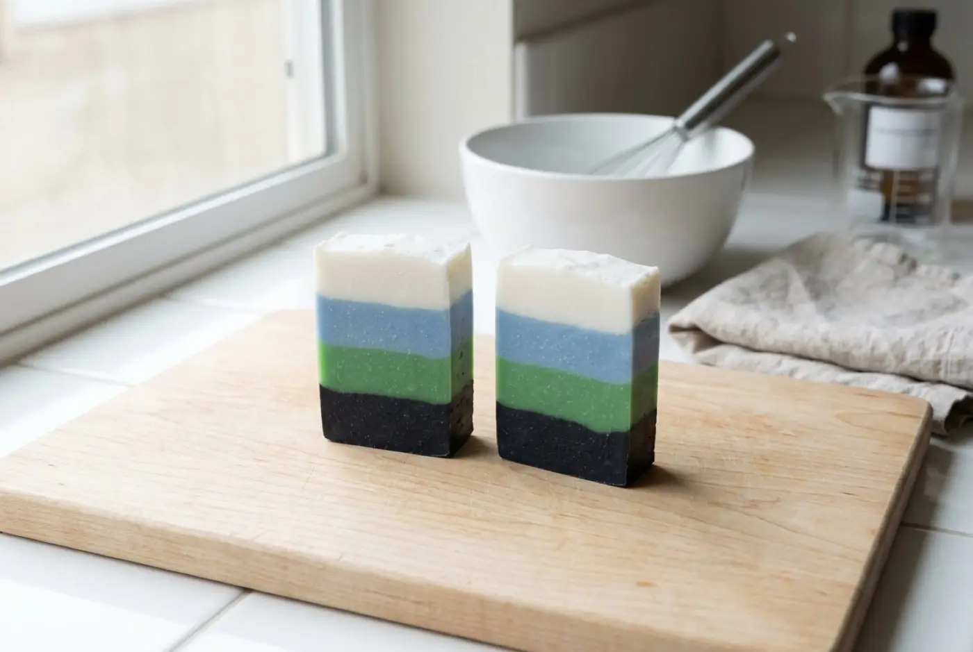 Two handmade soap bars with white, blue, green, and black layers on a wooden cutting board.
