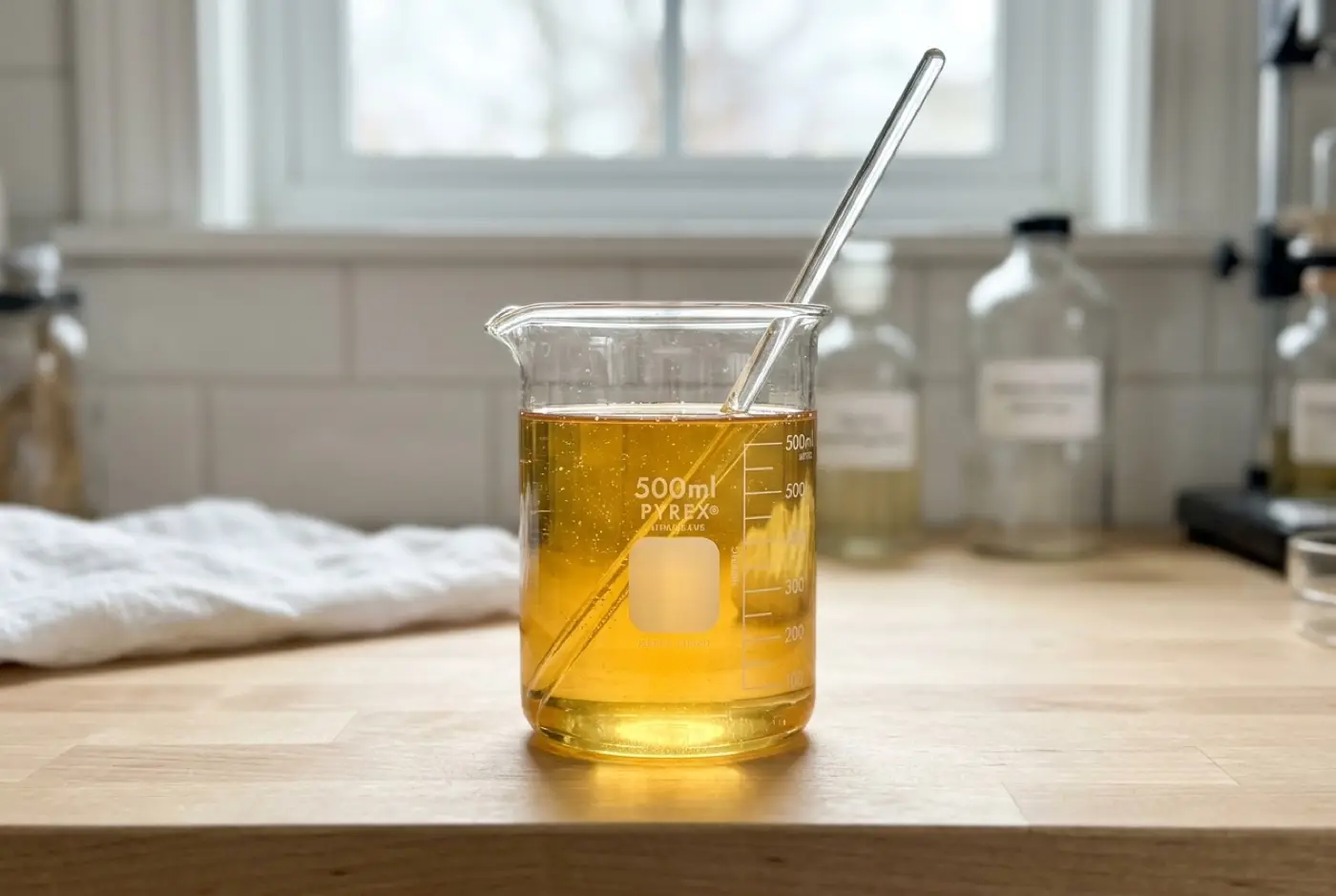 A glass beaker filled with golden oil and a stirring rod on a wooden countertop.