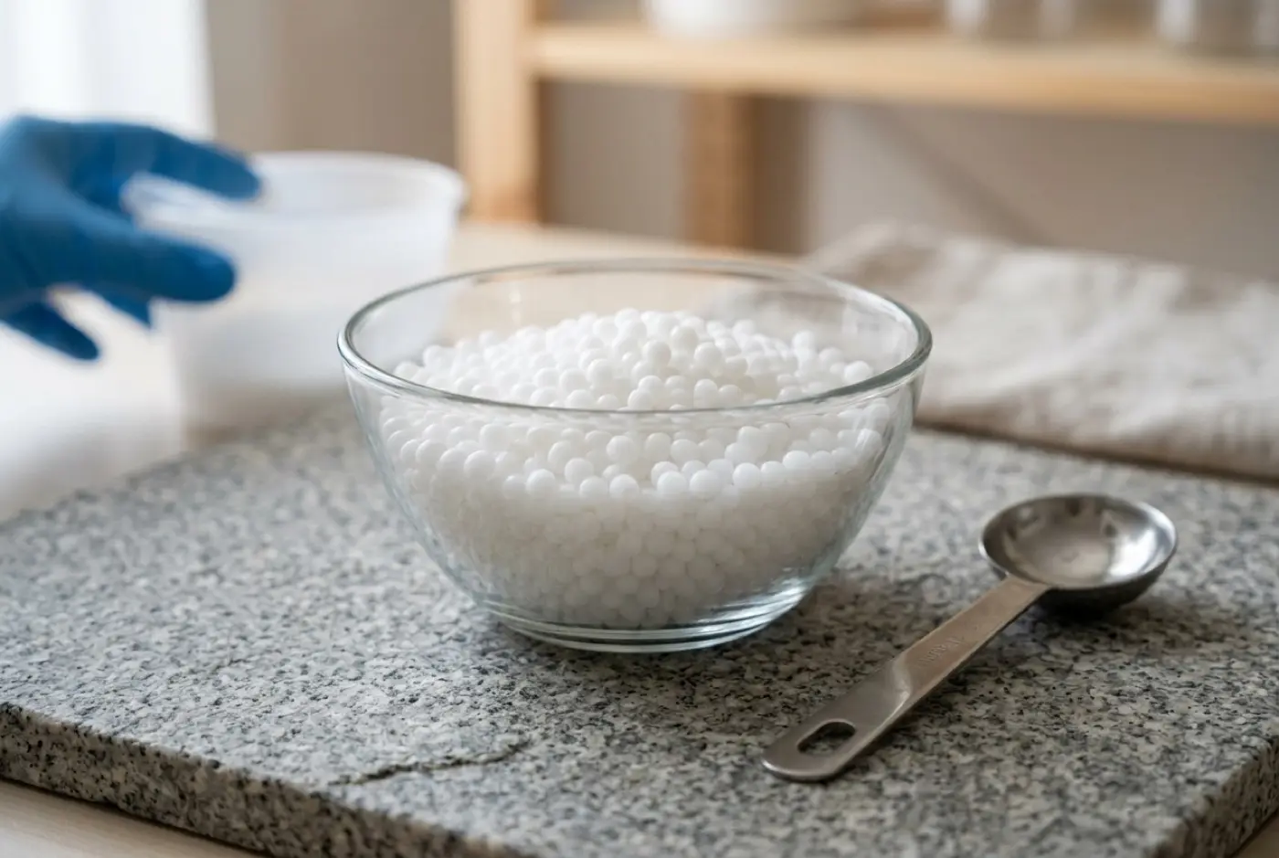 A glass bowl filled with white lye beads rests on a stone slab beside a measuring spoon.