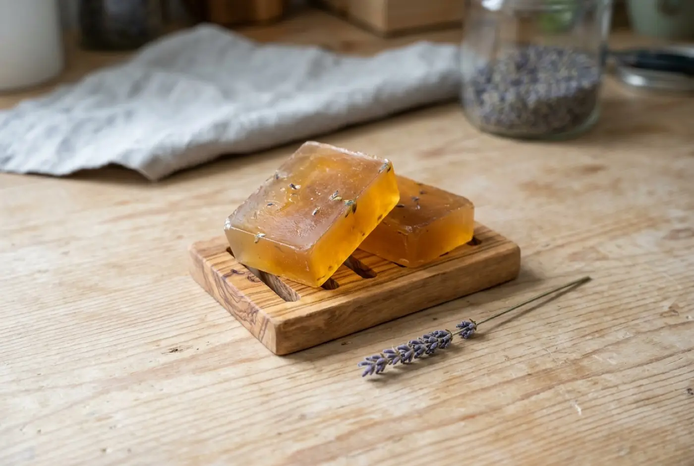 Two translucent amber soap bars rest on a wooden soap dish next to a lavender sprig.