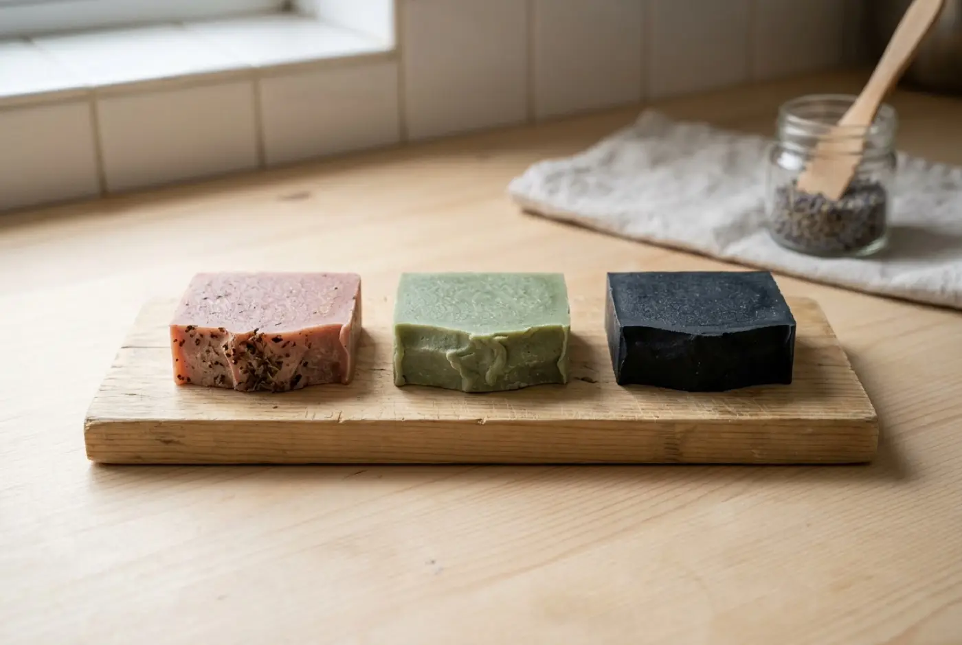 Three handmade soap bars in pink, sage green, and charcoal black sit on a wooden board.