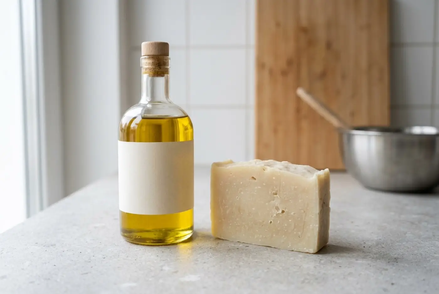 A glass bottle of golden oil stands beside a bar of handmade soap on a countertop.