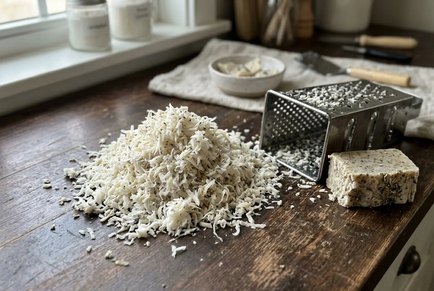 A pile of grated soap shavings beside a metal box grater and a handmade soap bar.
