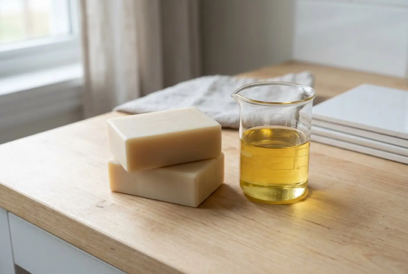 Two natural soap bars stacked next to a glass beaker of golden oil on a wooden countertop.
