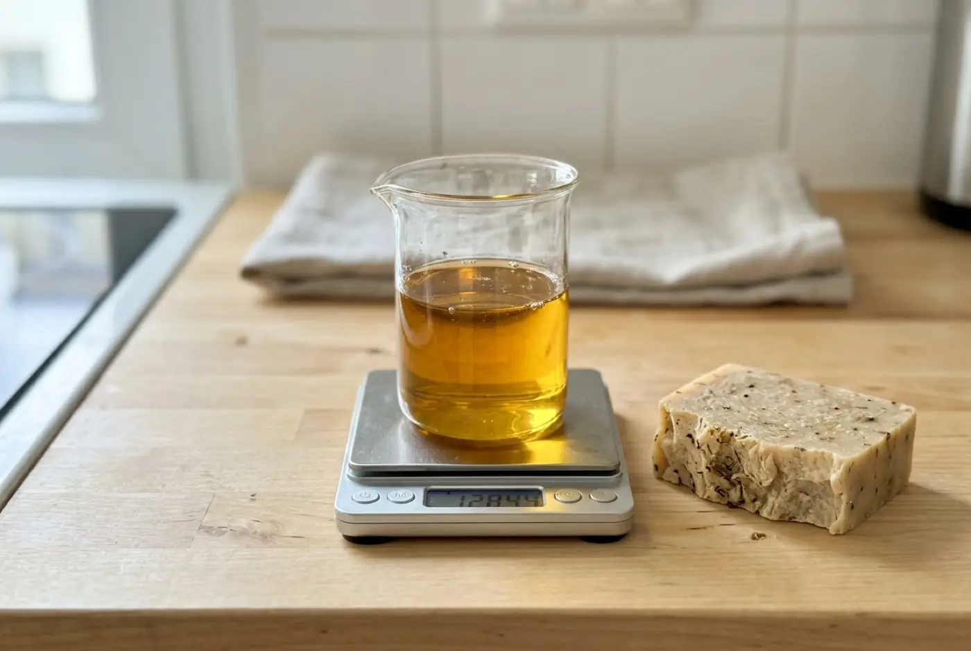 A beaker of golden oil sits on a digital scale beside a bar of handmade soap.