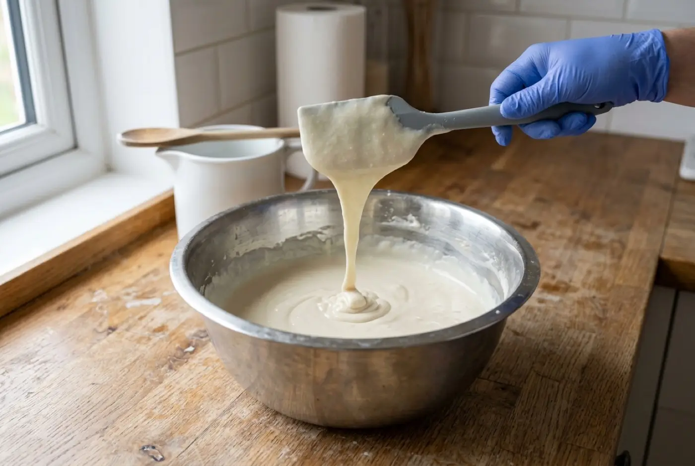 A gloved hand lifts a spatula of thick soap batter dripping into a stainless steel bowl.