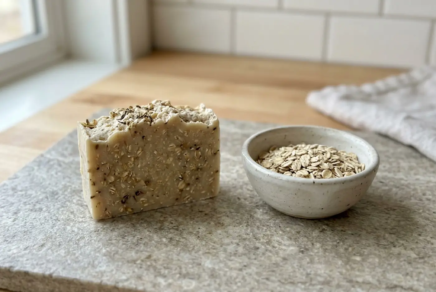 A rustic bar of handmade oatmeal soap next to a small ceramic bowl of rolled oats.