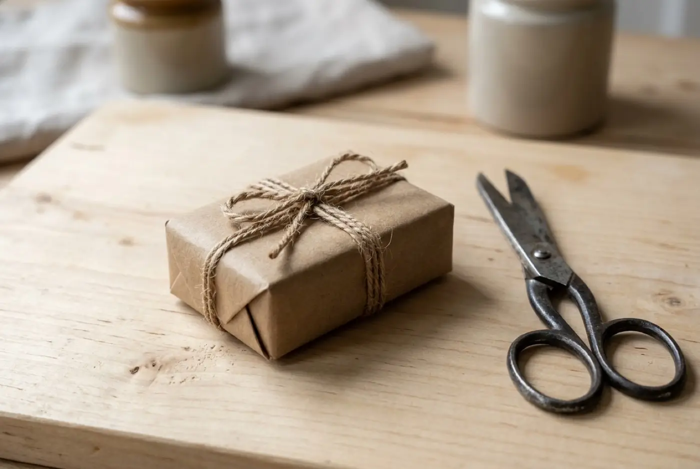 A bar of soap wrapped in brown paper and tied with twine sits beside vintage scissors.