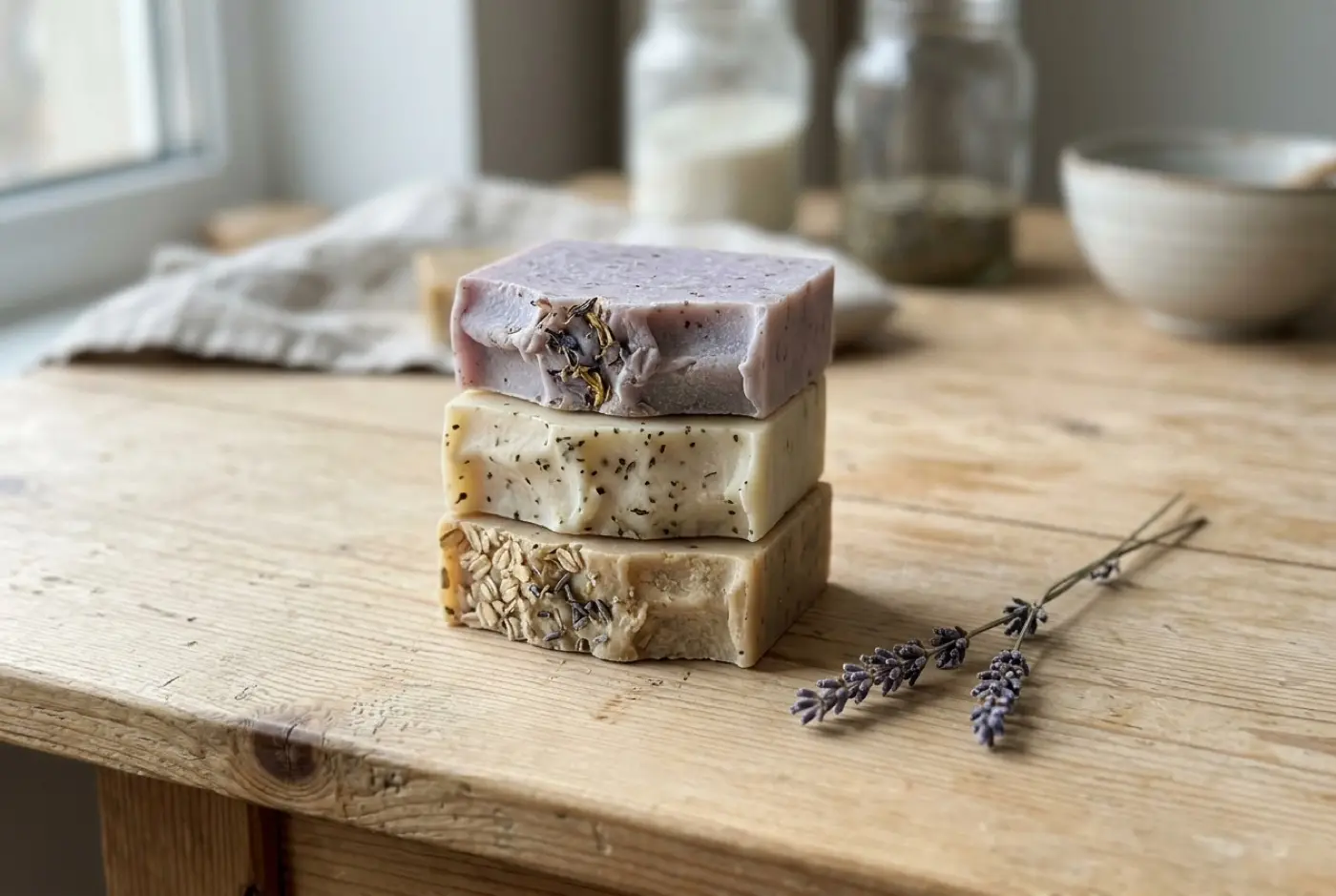 Three stacked bars of handmade soap sit on a wooden table beside dried lavender sprigs.