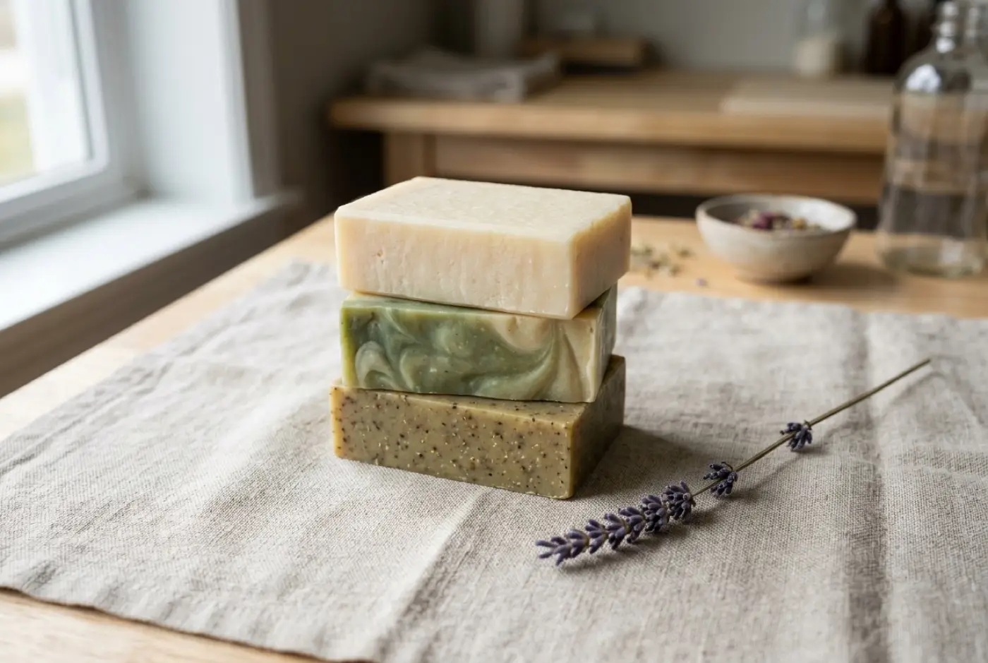 Three stacked bars of handmade natural soap rest on a linen cloth beside a lavender sprig.