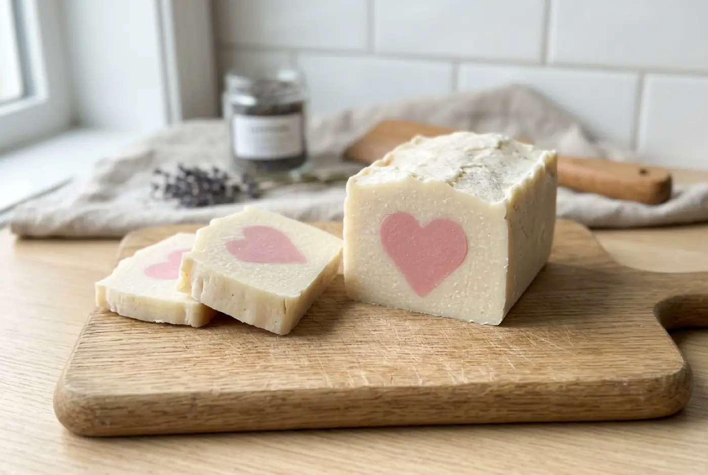 A white soap loaf and two slices with embedded pink hearts on a wooden cutting board.