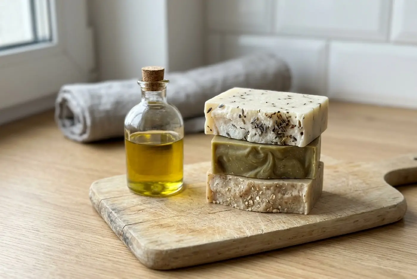 Three stacked handmade soap bars rest next to a glass bottle of oil on a wooden board.