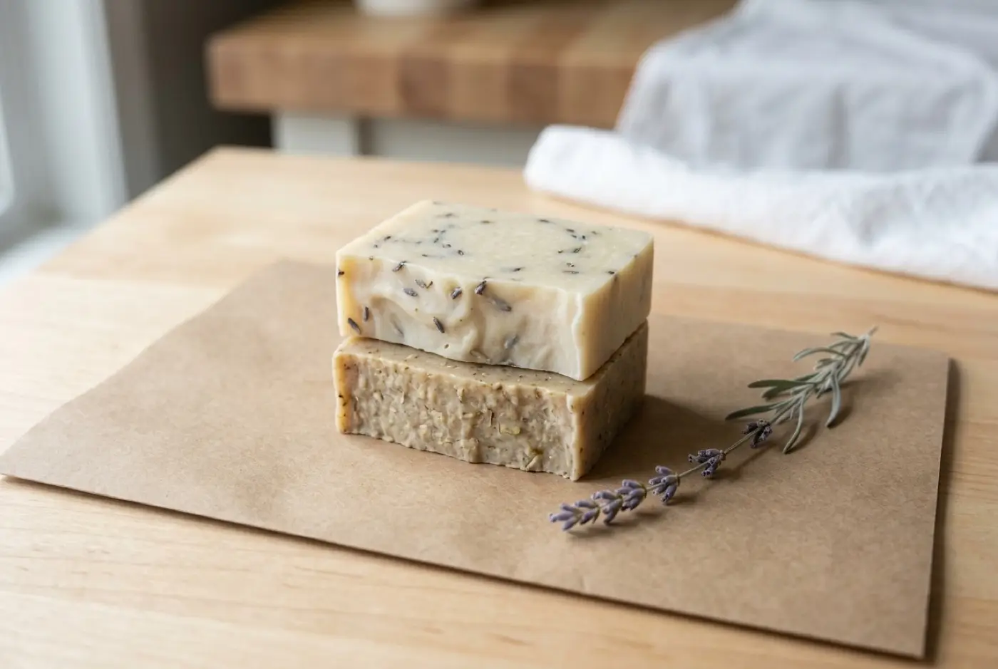 Two handmade soap bars stacked on brown paper next to a sprig of dried lavender.