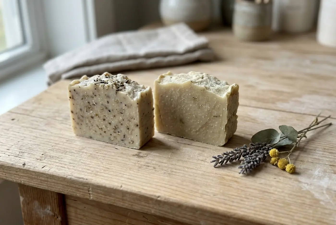 Two textured handmade soap bars rest on a rustic wooden table beside dried lavender sprigs.