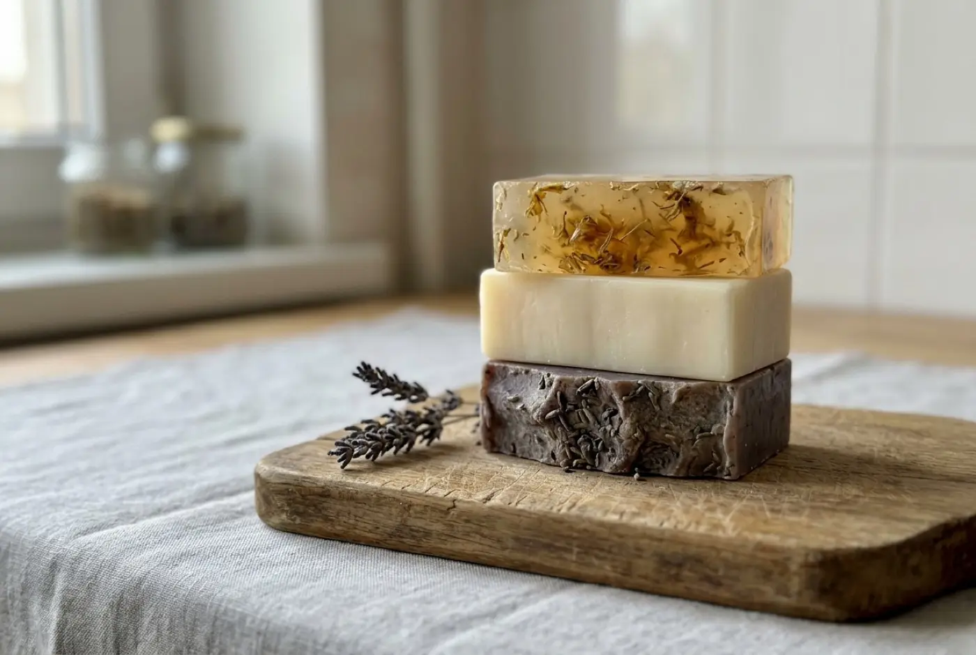 Three handmade botanical soap bars stacked on a wooden board beside dried lavender sprigs.
