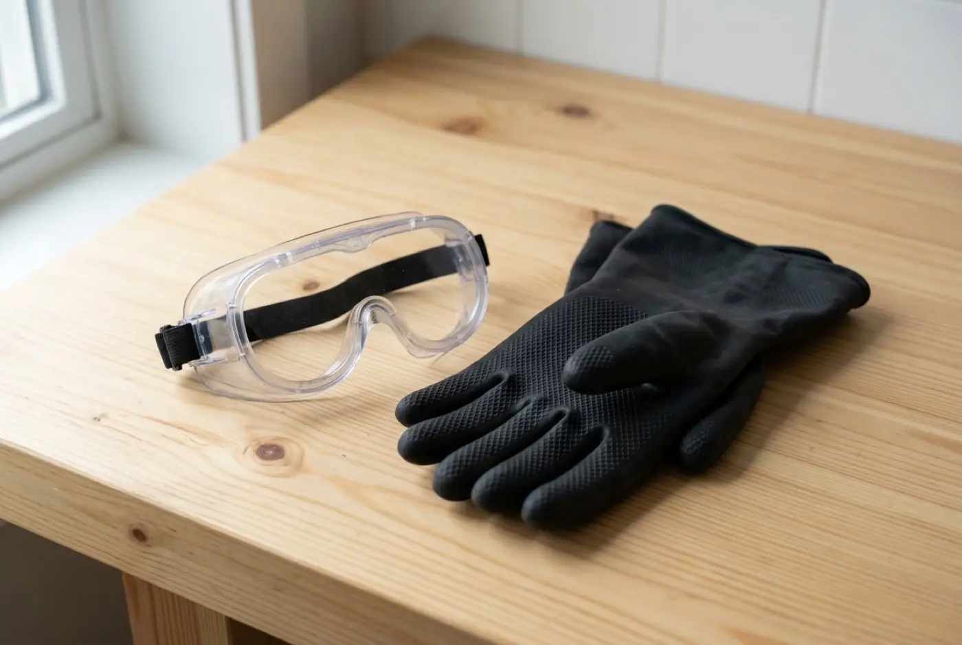 Clear safety goggles and black protective rubber gloves sit on a light wooden table.
