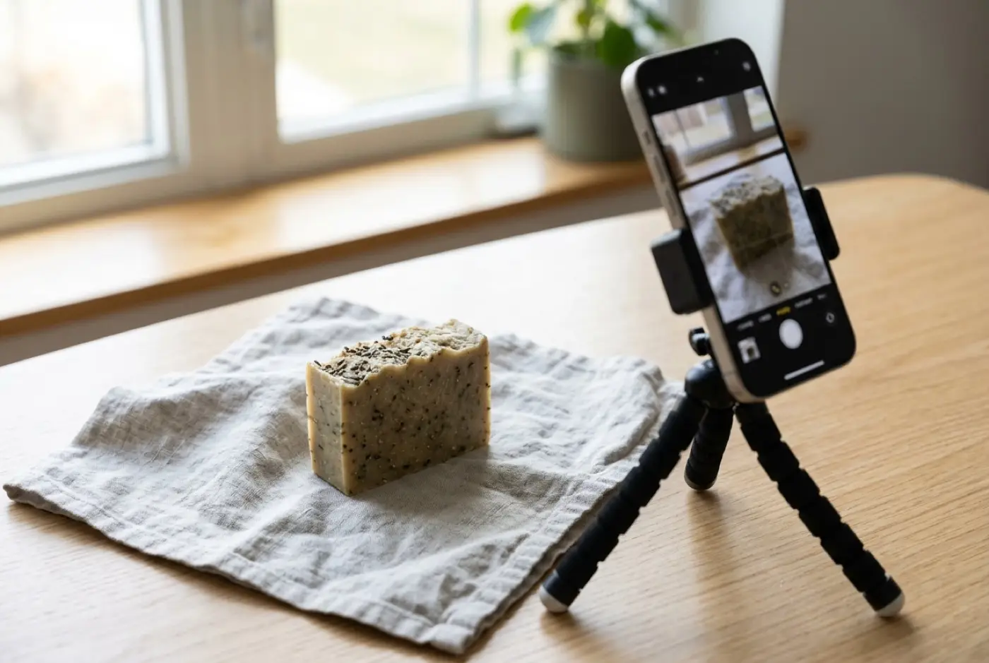 A smartphone on a small tripod photographs a handmade soap bar set on a linen cloth.
