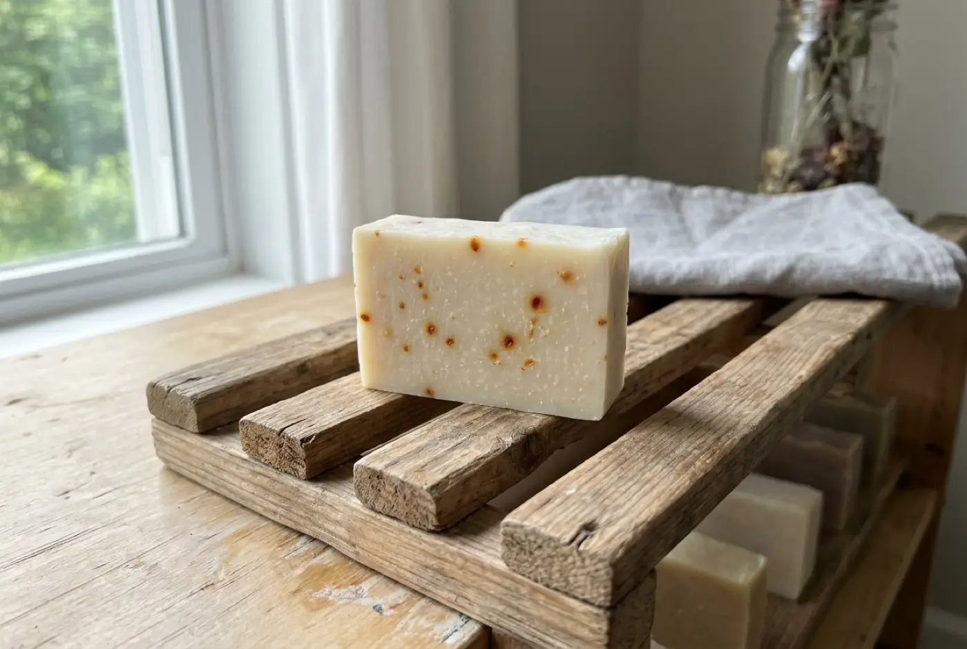 A rectangular bar of cream-colored soap with orange flecks rests on a wooden slatted drying rack.