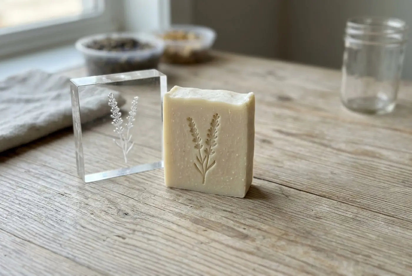 A bar of handmade soap stamped with a lavender sprig rests beside a clear acrylic stamp.